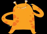illustrated orange creature in a thinking pose