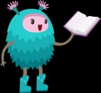 illustrated teal creature reading a book
