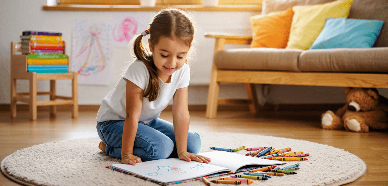 Child drawing with crayons on a rug, smiling.